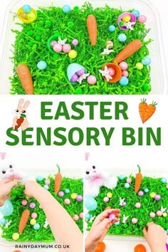 A simple, virtually mess free sensory bin to set up for Easter and spring play ideal for toddlers and preschoolers.